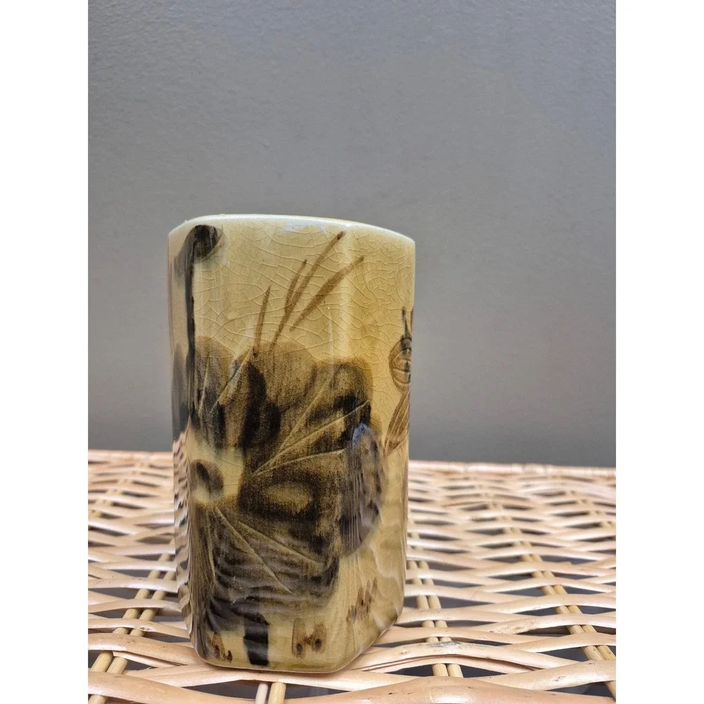 Vintage Studio Pottery Hexagonal Vase Crackle Glaze Botanical Floral Decor 6